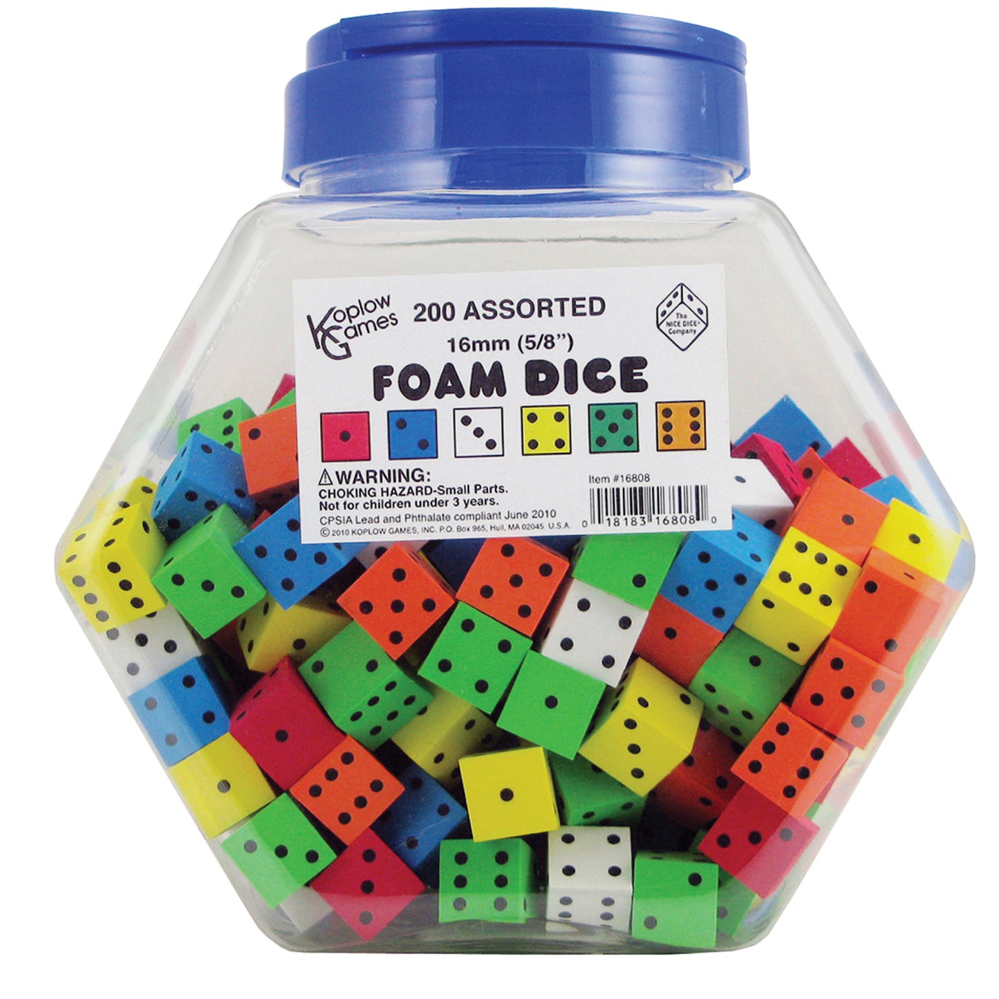 16mm Foam Dice Tub Of 200 Assorted Color Spot