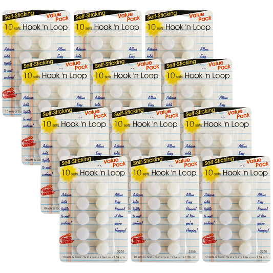 (12 Pk) 10ct White Hook & Loop Dots